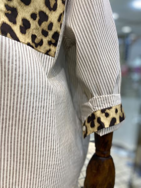 Leopar Garni Çizgili Keten Gömlek